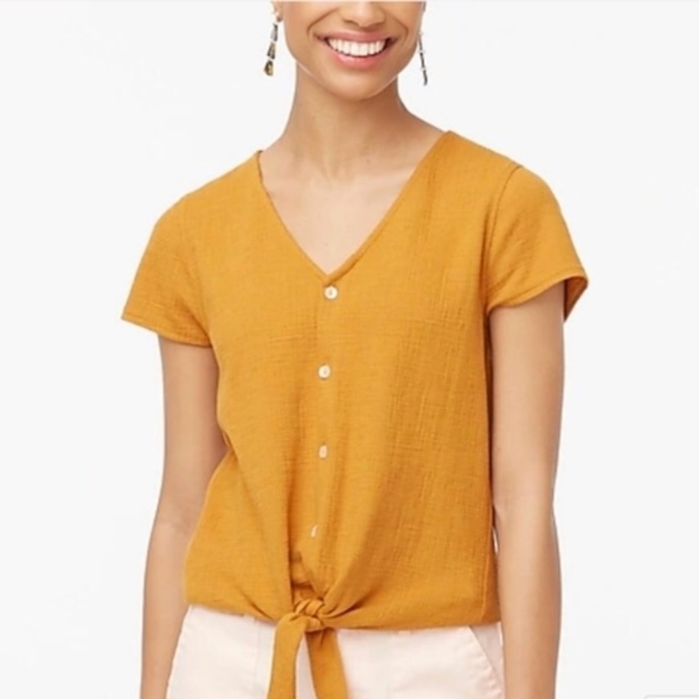 J Crew Mustard V Neck Button Front Tie Waist Top